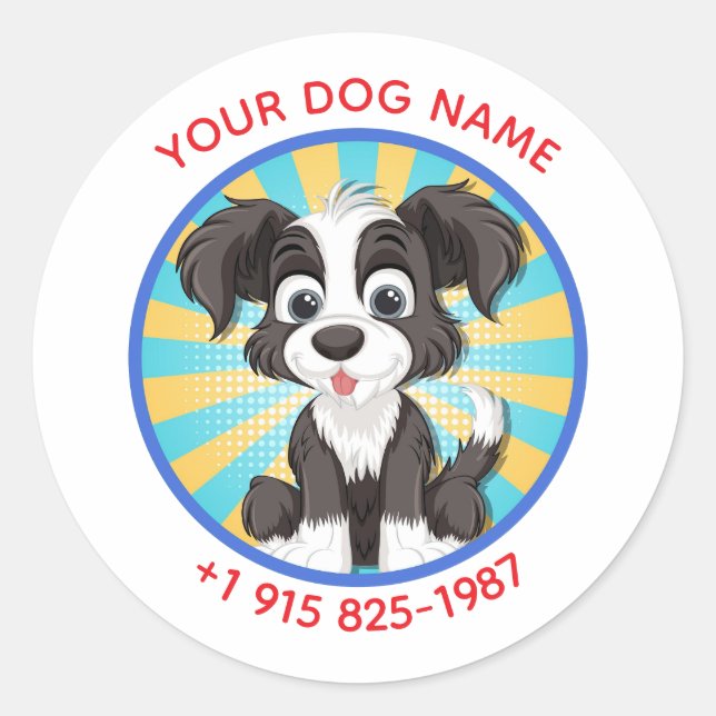 Personalized Cute Dog Design Custom Pet Name&Phone Classic Round Sticker (Front)