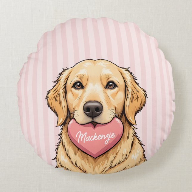 Personalized Cute Dog with Pink Heart Round Pillow (Front)