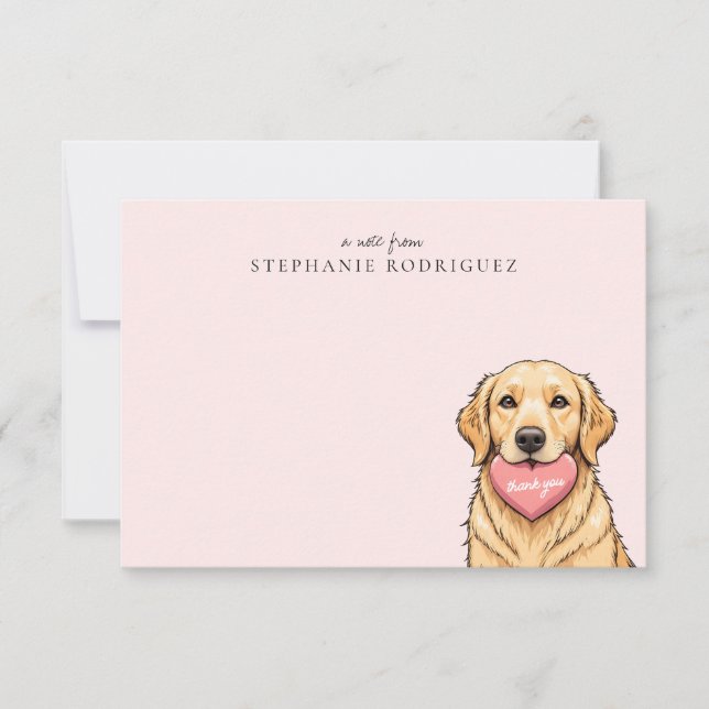 Personalized Cute Dog with Pink Heart Thank You Note Card (Front)
