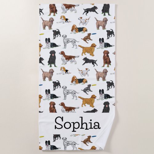 Personalized Cute Dogs Illustrations Pattern Beach Towel