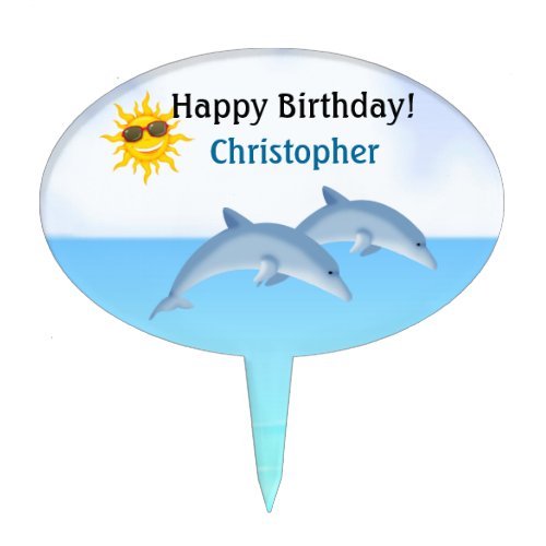 Personalized Cute Dolphins Happy Birthday Cake Topper