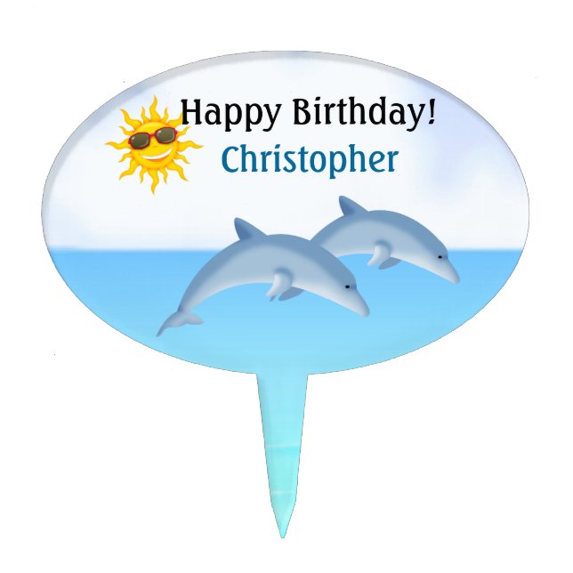 Personalized Cute Dolphins Happy Birthday Cake Topper (Front)