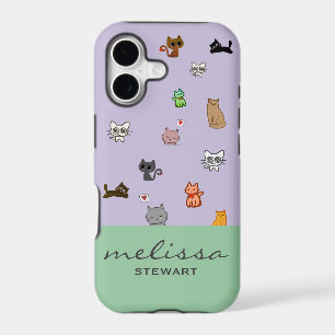 Personalized cute doodle cats kawaii purple green iPhone 17 case