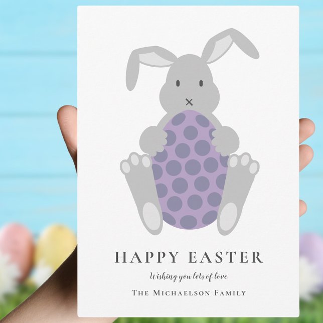 Personalized Cute Easter Bunny & Egg Holiday Card (Happy Easter cute bunny and spotty Easter egg simple family Easter greetings card)