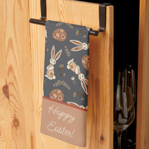 Personalized Cute Easter Bunny Rabbit Folk Kitchen Towel