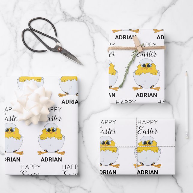 Personalized Cute Easter Egg & Chick Happy Easter  Wrapping Paper Sheets (Front)