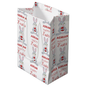 Personalized Cute Easter Rabbit Red Easter Egg Medium Gift Bag