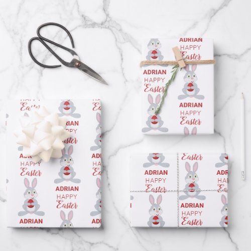 Personalized Cute Easter Rabbit Red Easter Egg Wrapping Paper Sheets