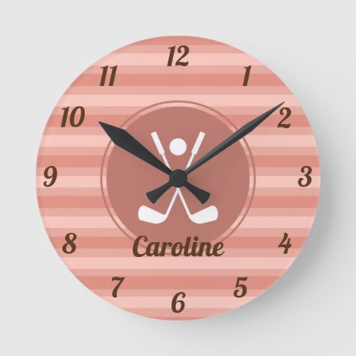 Personalized Cute Elegant Golf Lover Peach Color Round Clock