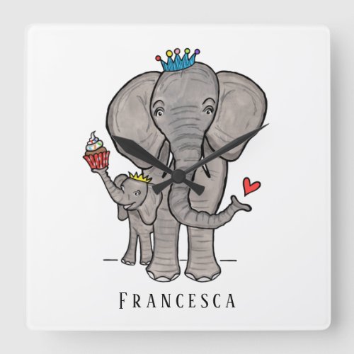 Personalized Cute Elephant and Baby Square Wall Clock