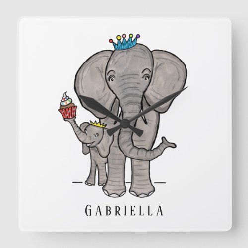 Personalized Cute Elephant and Baby Square Wall Clock