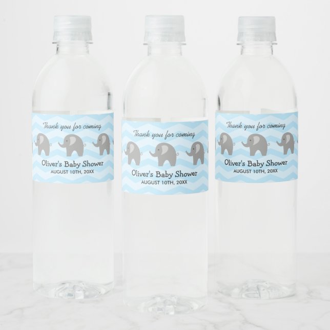 Personalized cute elephant baby shower zig zag water bottle label (Bottles)