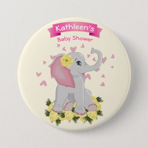 Personalized Cute Elephant Girl Baby Shower Button