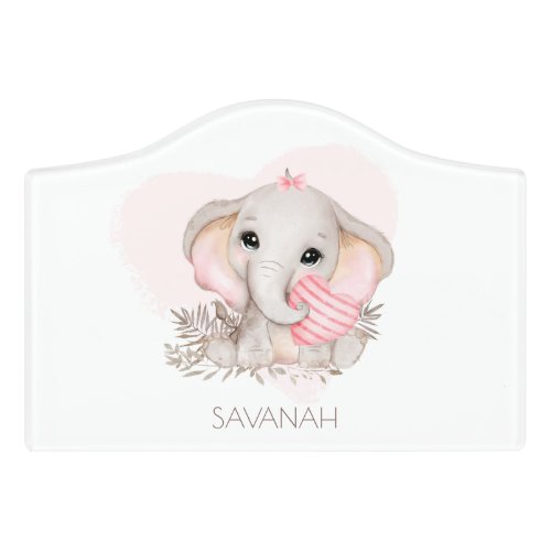 Personalized cute elephant girl pink door sign