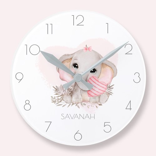 Personalized cute elephant girl pink round clock