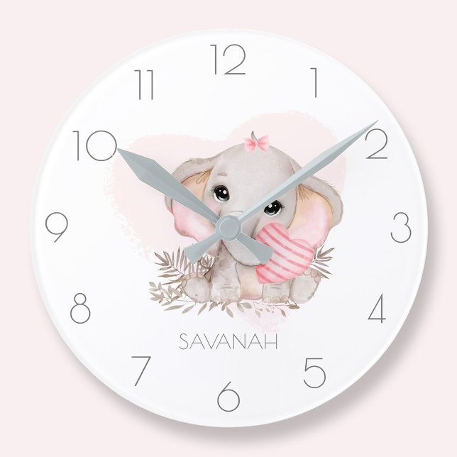 Personalized cute elephant girl pink round clock (Personalized cute elephant girl pink round clock)