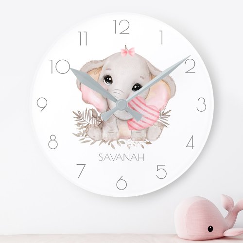 Personalized cute elephant girl pink round clock
