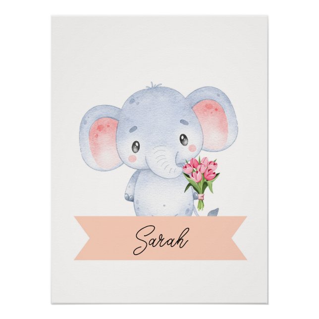 Personalized cute elephant Nursery Poster (Front)