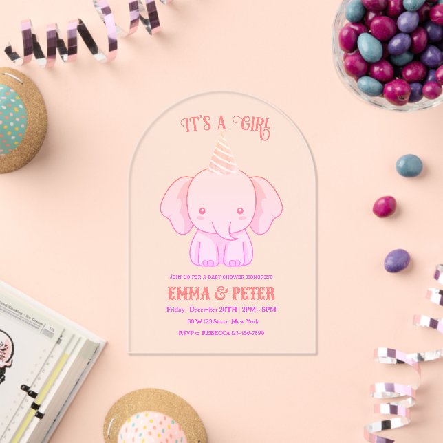 Personalized Cute Elephant Pink Baby Shower Acrylic Invitations (Insitu (Celebration))