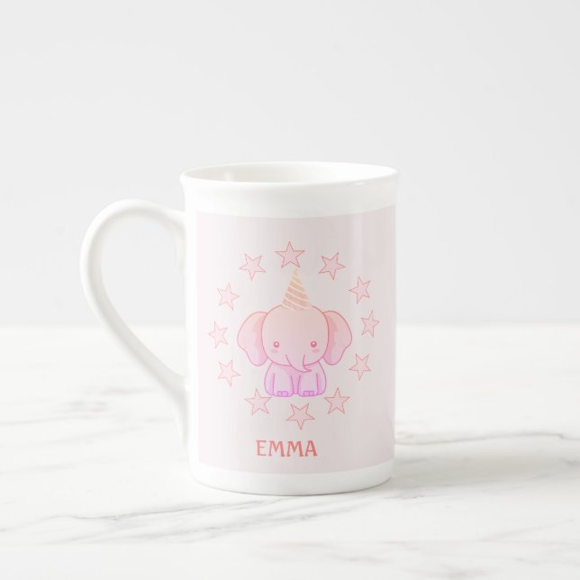 Personalized Cute Elephant Pink  Bone China Mug (Left)