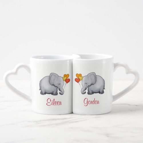 Personalized Cute Elephants with Heart Balloons Coffee Mug Set