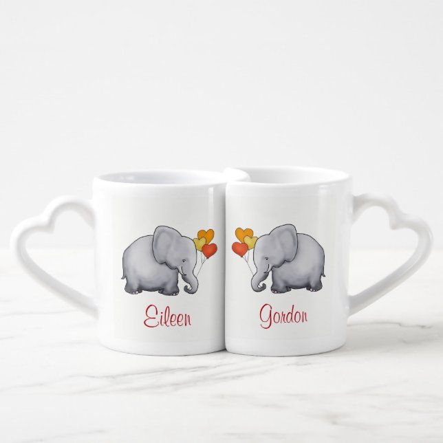 Personalized Cute Elephants with Heart Balloons Coffee Mug Set (Front Nesting)