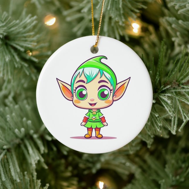 Personalized Cute Elf Christmas Ceramic Ornament (Tree)