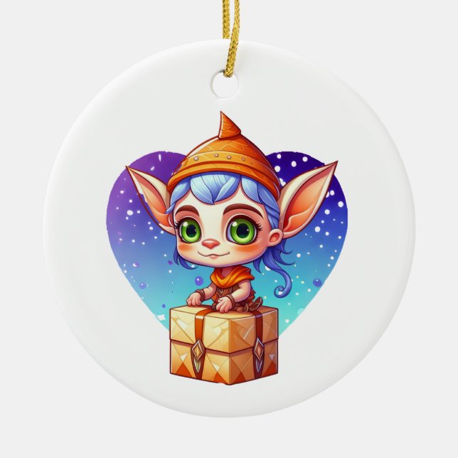 Personalized Cute Elf Christmas Ceramic Ornament (Front)