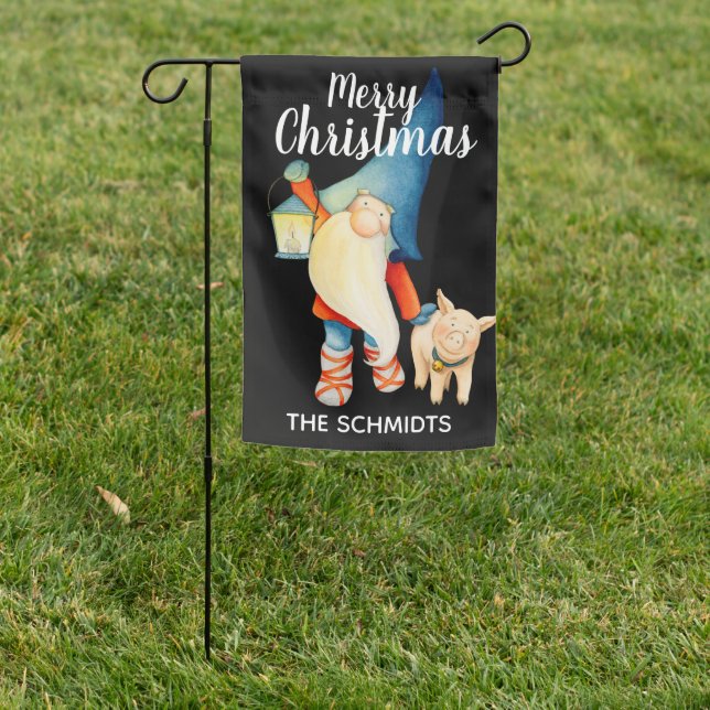 Personalized | Cute Elf with Pig | Merry Christmas Garden Flag (In SItu)