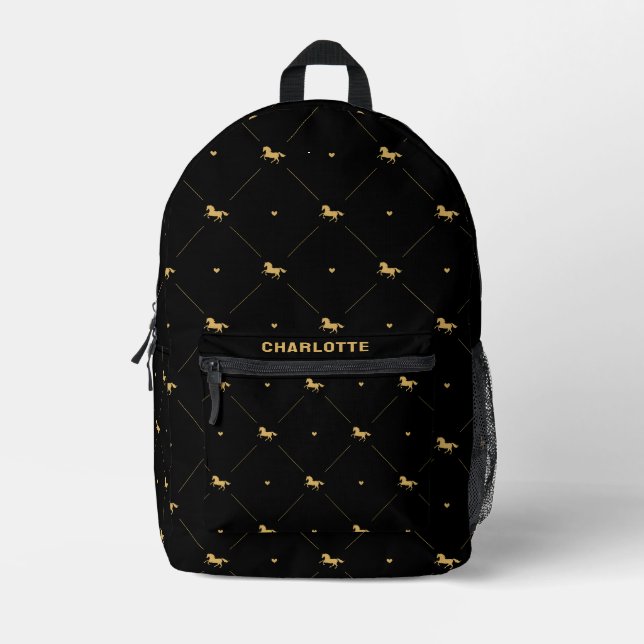 Personalized Cute Equestrian Horse Pattern Black Printed Backpack (Front)