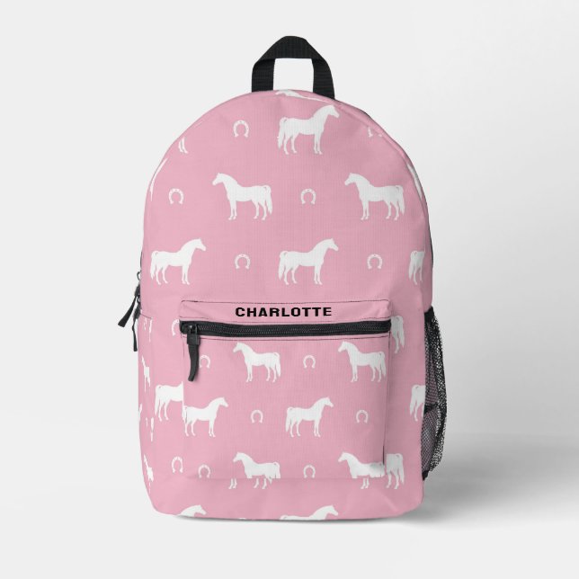 Personalized Cute Equestrian Horse Pattern Pink Printed Backpack (Front)