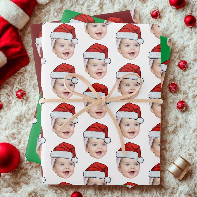 Personalized Cute Face Photo Santa Hat Christmas Wrapping Paper Sheets (Creator Uploaded)