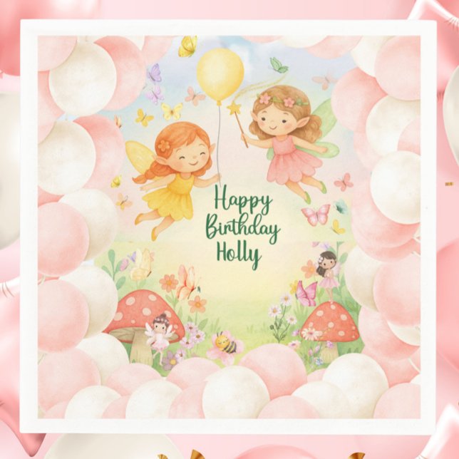 Personalized Cute Fairy Birthday Paper Napkin  (Personalized Fairy Birthday Paper Napkin | Cute Magical Fairies Party Tableware)