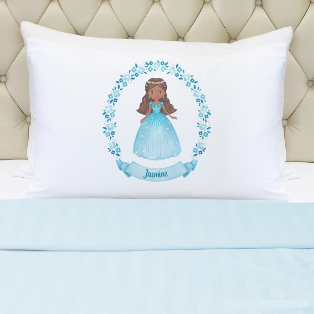 Personalized Cute Fairytale Princess Girl  Pillow Case (A cute girls blue princess pillowcase. Personalize it with your girls name. So cute for her bed.)