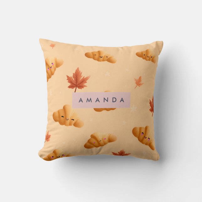 Personalized Cute Fall Croissant Café Leaves Throw Pillow (Front)