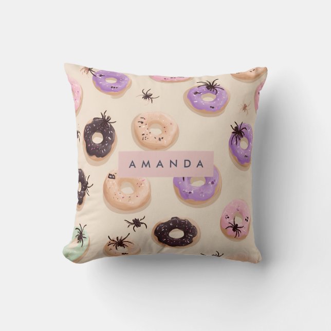 Personalized Cute Fall Halloween Donut Spider Throw Pillow (Front)