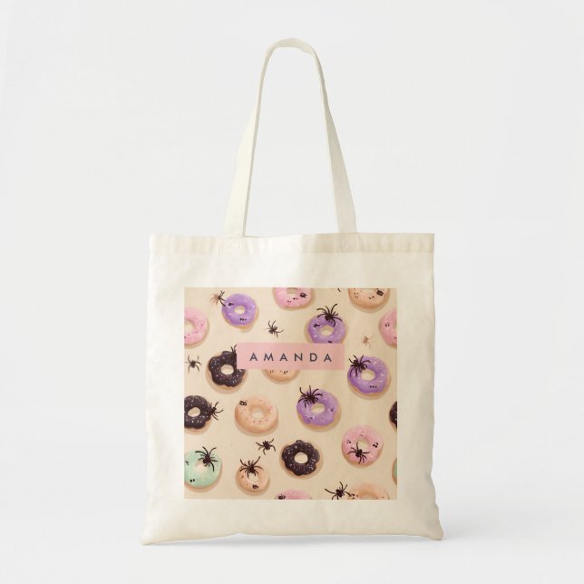 Personalized Cute Fall Halloween Donut Spider Tote Bag (Front)