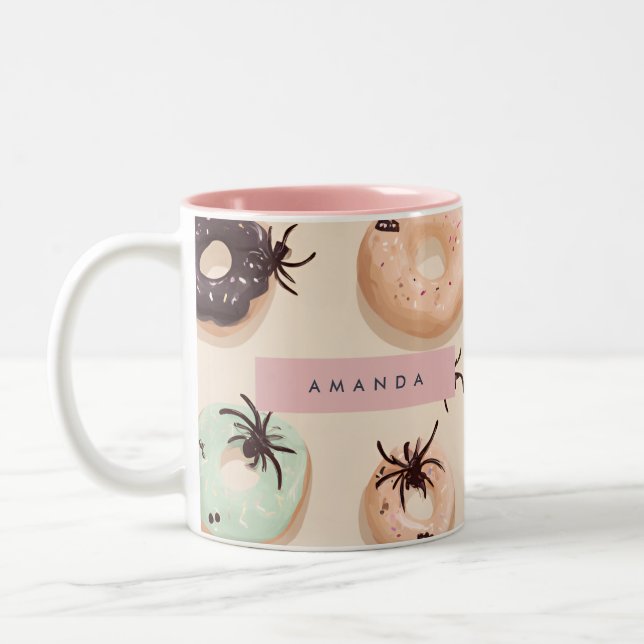 Personalized Cute Fall Halloween Donut Spider Two-Tone Coffee Mug (Left)