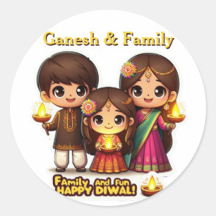 Personalized Cute Family in Diwali Attire   Classic Round Sticker