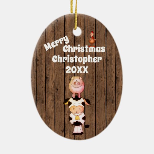 Personalized Cute Farm Animals Barn Wood Christmas Ceramic Ornament