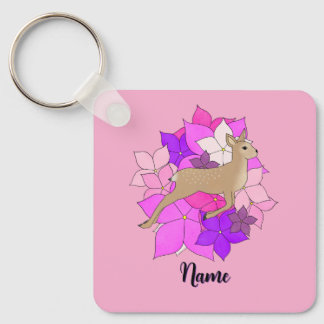 Personalized Cute Fawn and Flowers Pink Keychain