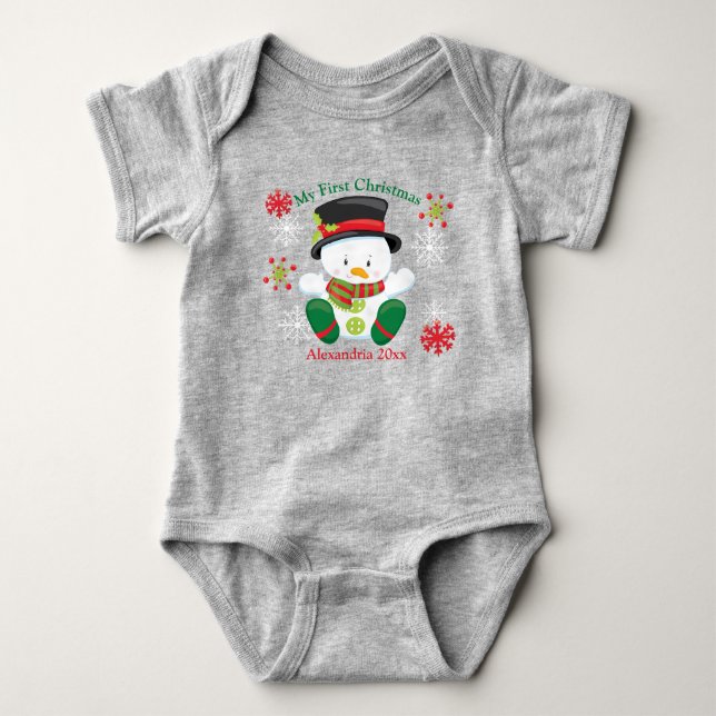 Personalized Cute First Christmas Snowman Baby Bodysuit (Front)