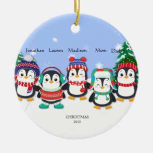 Personalized Cute  Five Penguin  Snow Scene   Ceramic Ornament