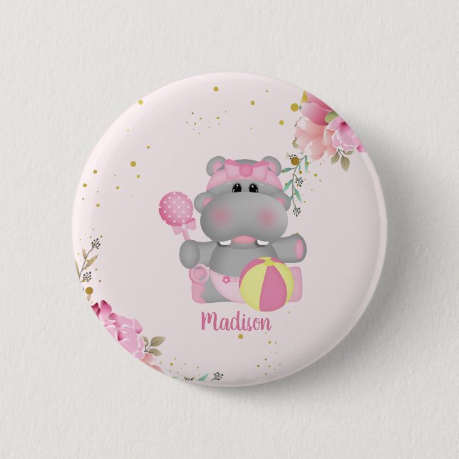 Personalized Cute Floral Hippo Baby Shower Button (Front)