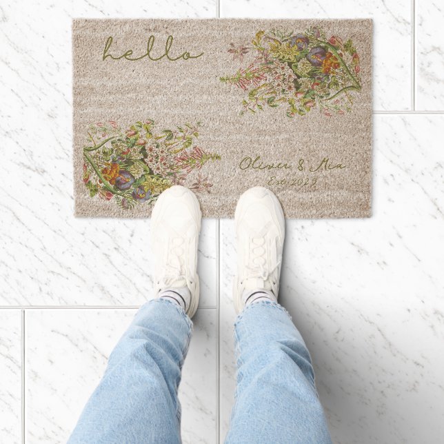 Personalized Cute Floral Newlywed Name Fiber Doormat (Insitu)
