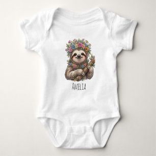 Personalized Cute Floral Sloth with Flower Crown Baby Bodysuit