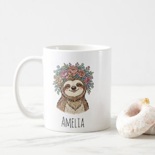 Personalized Cute Floral Sloth with Flower Crown Coffee Mug