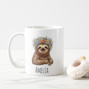 Personalized Cute Floral Sloth with Flower Crown Coffee Mug