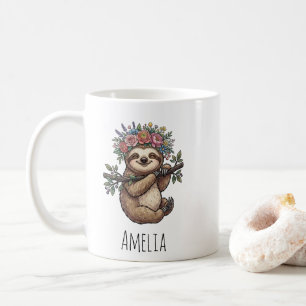 Personalized Cute Floral Sloth with Flower Crown Coffee Mug