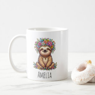 Personalized Cute Floral Sloth with Flower Crown Coffee Mug